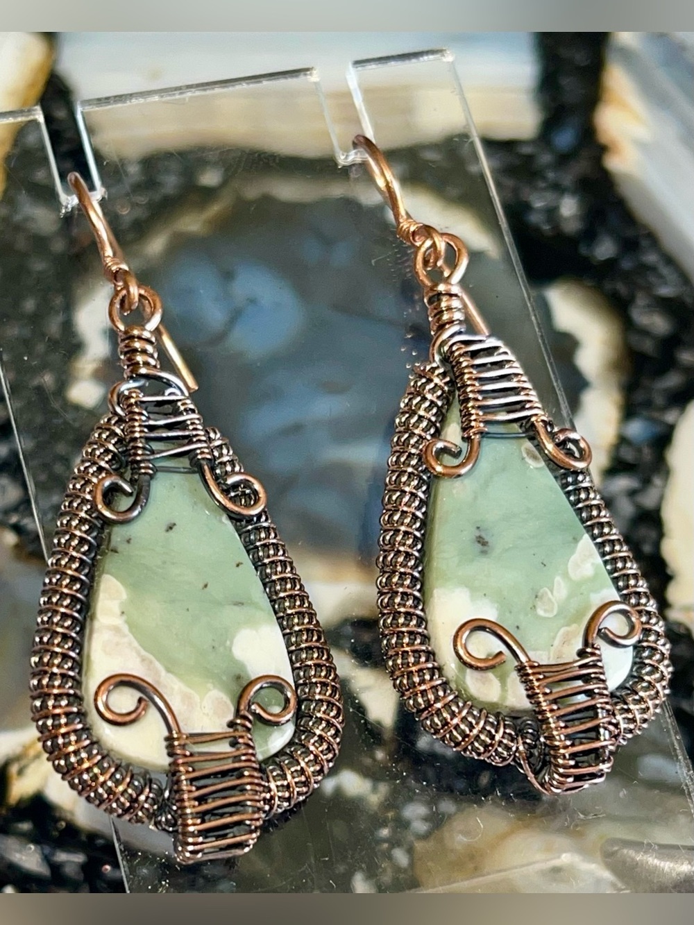 Copper Wire-wrapped Green Orb Ocean Jasper Crystal Earrings 2 1/2”